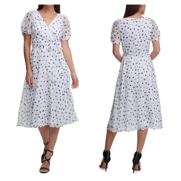 Dkny Dresses & Skirts - DKNY White/Twilight Polkadot Textured Faux Wrap Knotted Cuff Midi Dress Size 8